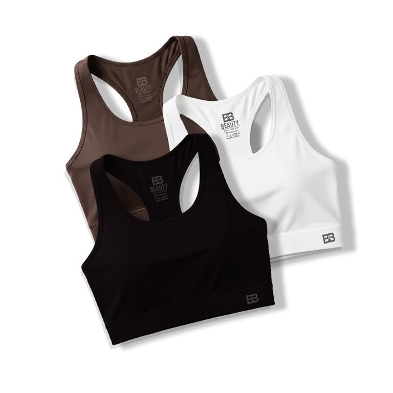 Image of BOLD & BEAUTY Women Cotton Blend Sports Bra with U-Neck, Racerback Style and Regular Straps for Workout, Yoga & Training (Pack of 3)