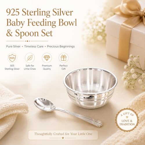Image of 925 Sterling Silver Baby Feeding Bowl & Spoon Set | Handcrafted Silver Katori for Newborn & Kids | Annaprashan Feeding Set | Premium Velvet Box Included