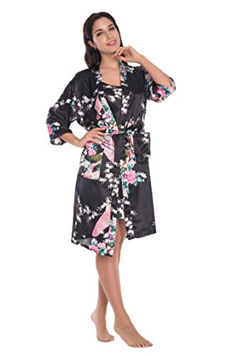 Women's Satin Floral Nightgown Loungewear Nightdress Camisole Robe 2PC Sleepwear Set, Black XXLarge
