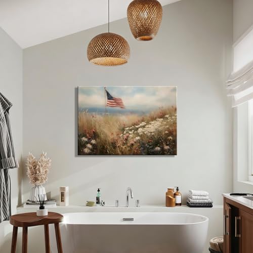 Image of RIBNTAK Vintage American Flag Canvas Wall Art, Rustic Field Landscape Artwork Print for 4th of July Decorations, Patriotic Decor Collection Perfect for Independence Day Bedroom Home Decor