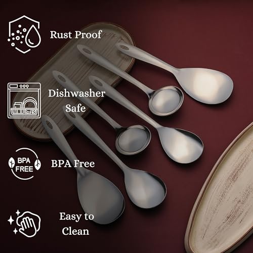 Image of Montavo by FnS 6 Pieces Stainless Steel Serving Spoon Set, 2 Rice Servers, 2 Gravy Ladles, 2 Vegetable Serving Spoons, Mirror Finish Food Grade Serving Cutlery for Home, Kitchen & Dining