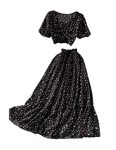 Women's Summer Printed 2 Piece Sets Square Collar Drawstring Short Tops High Waist Midi Skirt