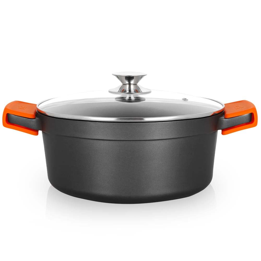 Orbegozo CDH 3028 Cacerola Honda Aluminio Fundido, 6.7 L, Superficie Antiadherente Libre de PFOA, Tapa Cristal Templado, Asas de Silicona