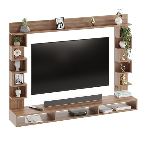 Image of FURNEASER Cabiar Wall Mount TV Unit for Living Room Wooden Entertainment Center with Storage Shelves Modern TV Panel Stand Showcase for up to 55 Inch Media Console Cabinet Exotic Teak