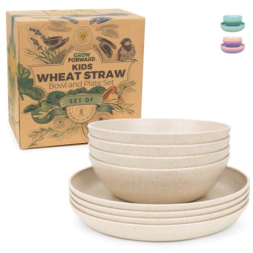Image of Grow Forward Wheat Straw Kids Plates and Bowls Sets - 8-Piece Unbreakable Dishwasher & Microwave Safe Plastic Plates for Kids - Reusable Non Toxic BPA-Free Dinnerware for Children - Sahara