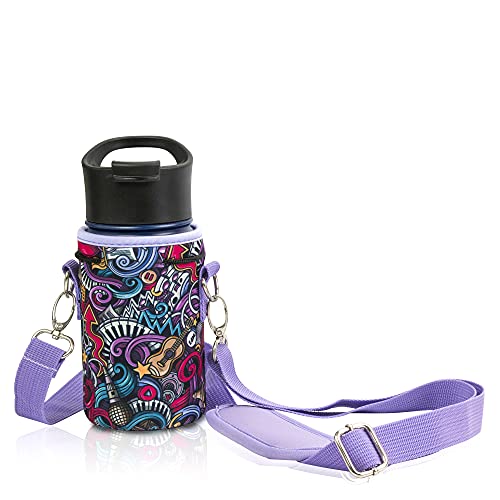 Made Easy Kit Neoprene Water Bottle Carrier Holder with Adjustable Shoulder Strap for Insulating & Carrying Water Container Canteen Flask Available in 5 Sizes (Purple Music, S (12oz-14oz))
