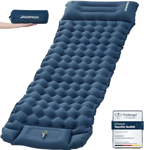 HAUSPROFI Isomatte Camping, 10cm Ultraleicht Camping Luftmatratze mit Fußpumpe & Kissen, Aufblasbare Matratze Kompakte und Leichte, Campingmatte für Wandern Strand Outdoor, Dunkelblau