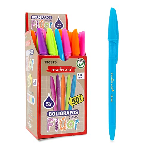 Starplast Pack 50 Bolígrafos - Bolígrafos con capuchón, Tinta Azul, 5 Cuerpo Colores Flúor, 50 unidades, antideslizante, con caja expositor, para uso escolar o de oficina.