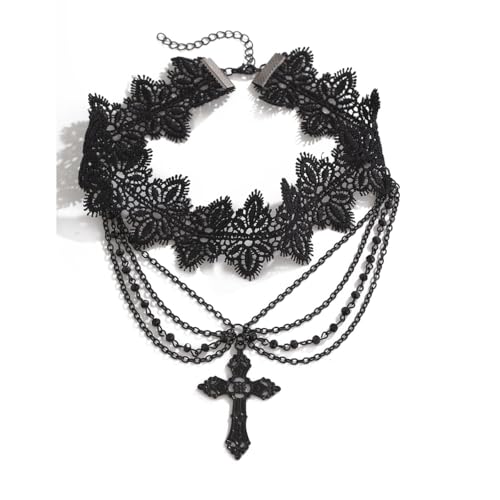 PINK TOWN Gothic Black Lace Choker Necklace for Women Goth Crystal Pendant Necklace Vintage Vampire Choker Necklace Christmas Halloween Birthday Jewelry Accessories3