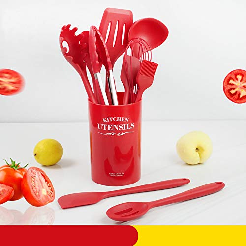 Movie House Silicone Cooking Kitchen Utensils Set, Wooden Handles Cooking Tool BPA Free,Heat Resistant Kitchenware Colorful Non Toxic Kitchen Gadgets Set for Nonstick Cookware (11pcs, red) - Thumbnail 5