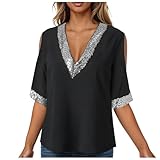 xbemkste donna primavera ed estate contrasto paillettes splicing spalla fredda maniche scollo a v camicia casual top per donna top taglia 10, nero , l