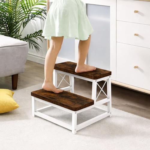 Image of 82984 Heavy Duty Wooden Step Stool for Adults, 2 Tier Heavy Duty Step Stool for High Bed with Non-Slip Feet, Using for Bedroom, Living Room, Bathroom and Kitchen (White)