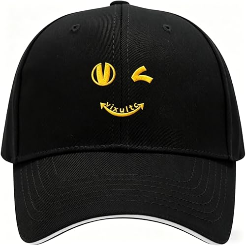 VixuLtc Smile Face Embroidered Baseball Cap Cotton Adjustable Hat for Men and Women Black