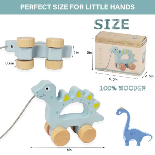 Image of Baby Toys Car,Wooden Pull Along Toddler Toy, Developmental Toy for 1 Year Old Girl Boy Birthday Gift (Dinosaur)