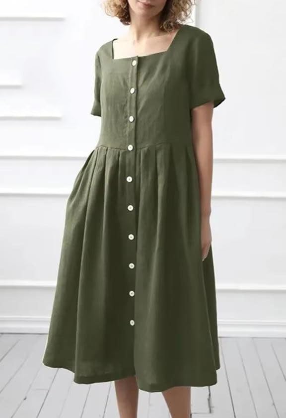 Women Dress Square Neck Single Breasted Pleated A Line Skirt Office Lady Style2