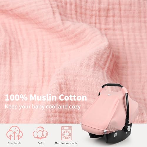 Image of Rquite Car Seat Cover Baby, Carseat Covers Girl Boy, Breathable Muslin Cotton, Large Mesh Window, Infant Car Seat Canopy Baby Carrier Cover Stroller Sun Shade for Summer & Hot Day, Pink
