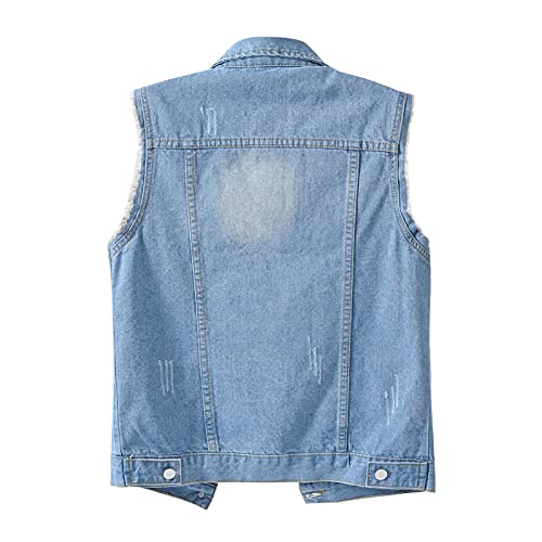 Women's Plus Size Denim Vest with Two Chest Flap Pockets Sleeveless Jackets Frayed Hem Cargo Trucker Jean Vest3