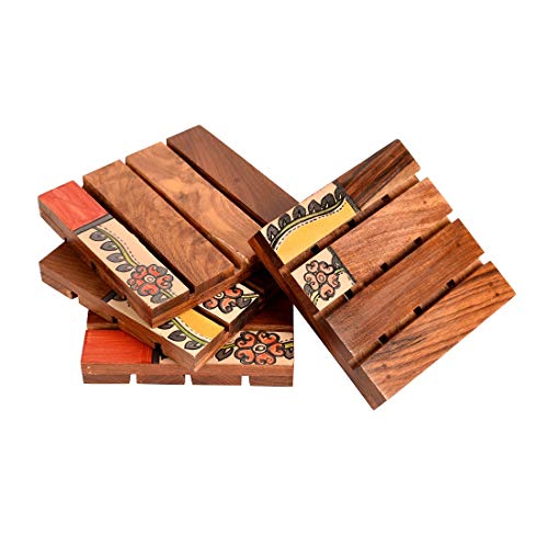 Image of Aakriti Art Creations Hand Painted Brown Wooden Coaster (Set of 4)