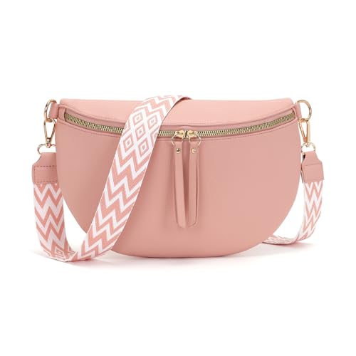 Vezluax 30x20cm Sac Banane Femme Grand Sac Bandoulière Femme Sacs Bandouliere Cuir Vegan Sacoche Élégante Cadeau avec Sangle Large Rose