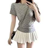 [Shanique] tシャツ レディース 半袖 ドット柄 水玉 トップス 春 夏 カットソー 夏服 細見え フィット おしゃれ 可愛い 薄手 ティーシャツ インナー きれいめ ゆったり カジュアル 韓国 ファッション 速乾 涼しい 通勤 部屋着(グレー,M)