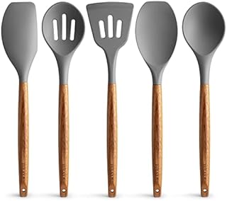 Zulay Non-Stick Silicone Utensils Set with Authentic Acacia Wood Handles - 5 Piece Silicone Cooking Utensils Set - Gray
