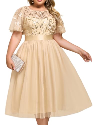 Image of Ever-Pretty Plus Women's Round Neck Embroidery Short Sleeves Sequin Tulle Midi Plus Size Cocktail Wedding Guest Dresses Gold US20