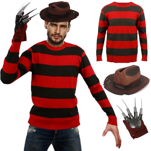 Disfraz de Freddy para adultos, 3 piezas, suéter, gorro, garra, guante, aterrador, asesino de terror, Krueger, conjunto de disfraz de rayas rojas y verdes, disfraz de Halloween para hombres y mujeres