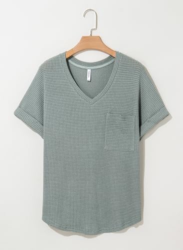 Dokotoo Womens Summer Tops for Women Blouses 2025 Fashion Clothing Outfits Fall Tops Trendy Blouses Business Dressy Sweaters Casual Cute Tunic Waffle Knit Oversized Tshirts T Shirts Basic Tee