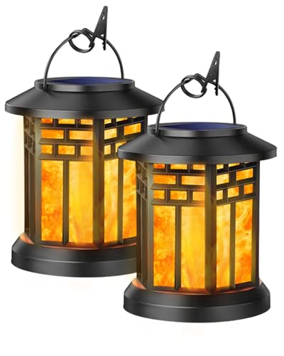 KALAHOL Solar Lanterns, LED Hanging Solar Garden Lanterns, Realistic Flickering Flame, Waterproof Decorative Solar Garden Ornaments for Garden, Pathway, Patio, Table, Outdoor (2 Pack)