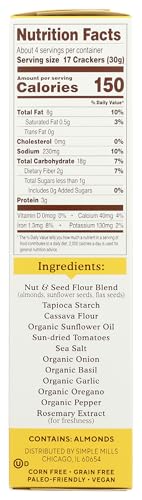 Image of Simple Mills Almond Flour Crackers, Sundried Tomato & Basil, Gluten Free, Flax Seed, Sunflower Seeds, Corn Free, Good for Snacks, Made with whole foods, (Packaging May Vary), 4.25 Ounce