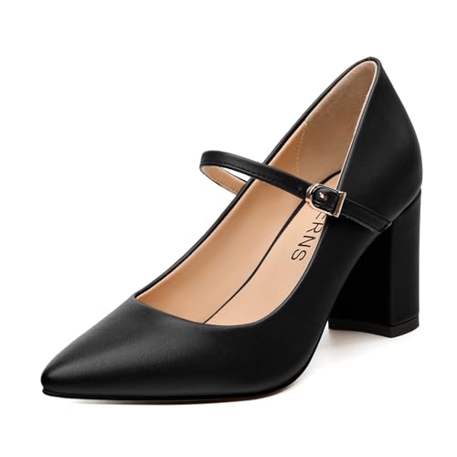 WAYDERNS Closed Pointed Toe Heels for Women Chunky Block High Heel Pumps Fashion Elegant Trendy Prom Party Wedding Dress Shoes with Strap 3 Inch