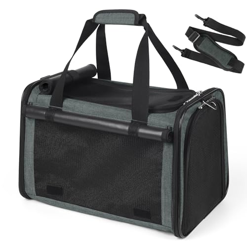 YUDODO 25lbs Cat Carrier Lightproof Soft Sided Pet Carrier for Large Cat & Small Dog Airline Approved Travel Puppy Carriers with Side Pockets & Reflective Mesh Foldable Portable for Outdoor Grey Green