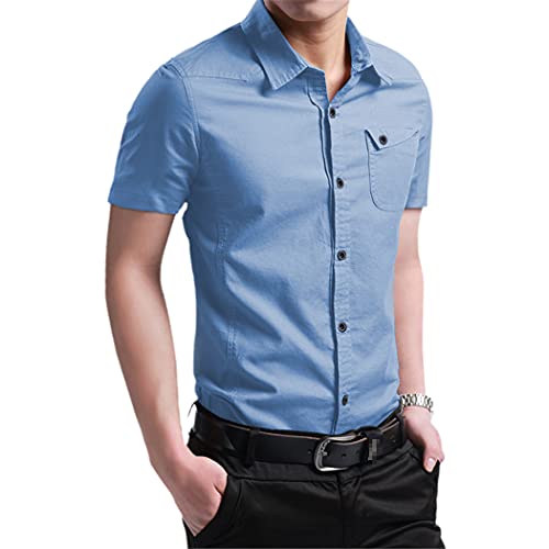 Chemise d'été homme bleu ciel en coton style militaire coupe slim grande taille 3XL