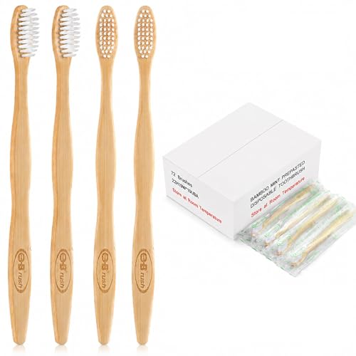 B Rush® 72Pack Bamboo Prepasted Toothbrush, Individually Wrapped Mini Travel Toothbrush with Pre-Pasted Mint Gel, Biodegradable Eco-Friendly Disposable Toothbrushes Travel Set for Adults & Kids