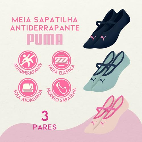 PUMA Kit 3 Pares Meia Sapatilha Antiderrapante Pilates Feminino Adulto, 1 Marinho - 1 Verde Chá - 1