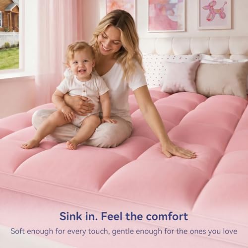 Image of ELEMUSE Pink Queen Mattress Topper for Bed, Extra Thick Pillow Top Mattress Pad with Plush Comfort, Designed for Couples & Everyday Sleep, Bedroom Upgrade
