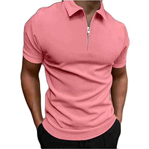 Muscularfit workout shirt Golf Shirts for Men Big and Tall Short Sleeve Quarter Zipper Cotton Shirt Casual Solid Pullover Outdoor Fashion men's cotton linen shirts short sleeve Pink XL