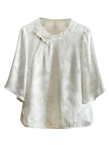 Blouse jacquard de soie blanche HangErFeng col rond chic pour vos soirées