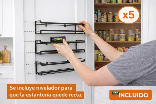 MARTIABRANDS GLOBAL 5 UNIDADES | Especiero de Pared sin Taladro – Especieros de Cocina – Estanterías Metálicas Negro Mate – Adhesivo 3M o Tornillos – Incluye Nivelador - imagen 4