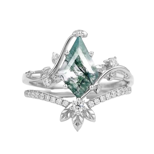 Personalized Moss Agate Ring for Women 925 Sterling Silver/10K/14K/18K Gold Moss Agate Moissanite Engagement Wedding Set Ring
