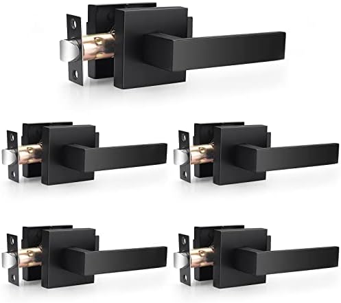 Probrico 5 Pack| Matte Black Square Hall Closet Handles Passage Door Levers, Heavy Duty Non-Locking Keyless Leverset for Pantry Utility Room,Left or Right Handing