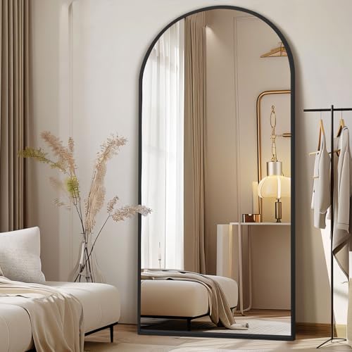 76″X34″ Large Arched Floor Mirror Full Length with Stand, Black Hanging or Leaning Standing Full Length Mirror for Bedroom Living Room Gym, Tempered Glass Full Body Mirror, Aluminum Alloy Frame