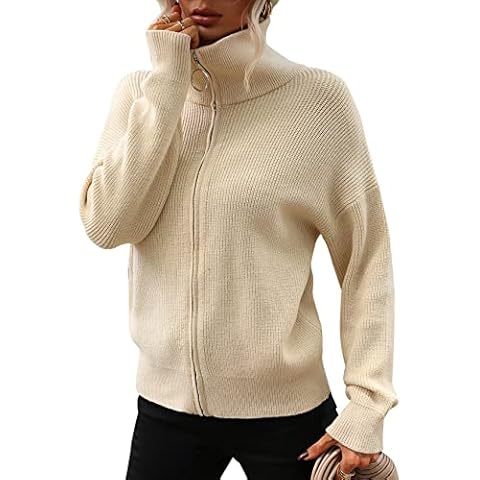 Yimoon Women’s Oversized Sweater Zip Closure Sweater Long Sleeve Collar Drop Shoulder Sweater Pullover Sweatshirt, Apricot, M Cover