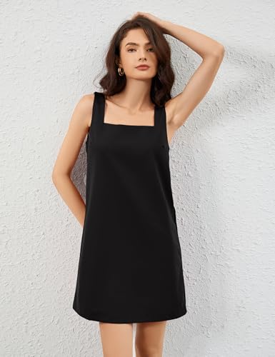 Summer Linen Mini Dress for Women Sleeveless Square Neck Tank Shift Dresses Causal Backless Solid Short Sundress3