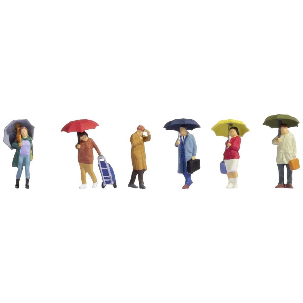 Noch® People in the Rain, Hand Coloured Figures, H0 Model Train, Set of 6 for Dioramas and Model Making