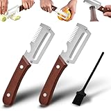 2Pcs Multifunctional Vegetable Peeler, Upgrade 3-In-1 Wooden Handle Peelers With Bottle Opener, Premium Stainless Steel Peeler, Fruit Knife For Welsh Onion, Potato, Carrot, Apple, Pumpkin With A Brush