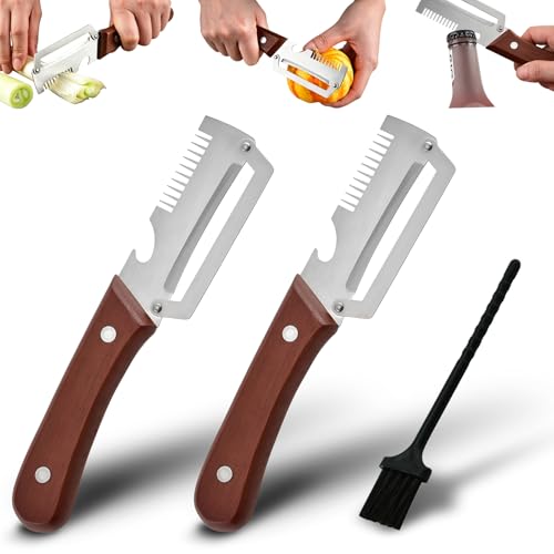 2PCS Multifunctional Vegetable Peeler, Upgrade 3-in-1 Wooden Handle Peelers with Bottle Opener, Premium Stainless Steel Peeler, Fruit Knife for Welsh Onion, Potato, Carrot, Apple, Pumpkin with a Brush