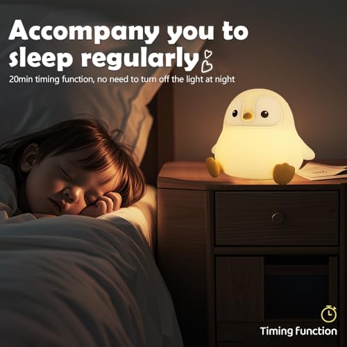 Image of S NMT Novelty Cartoon Penguin Silicone Night Light Rechargeable Timing Dimming Nursery Sleep Night Lamp for Baby Room Decor