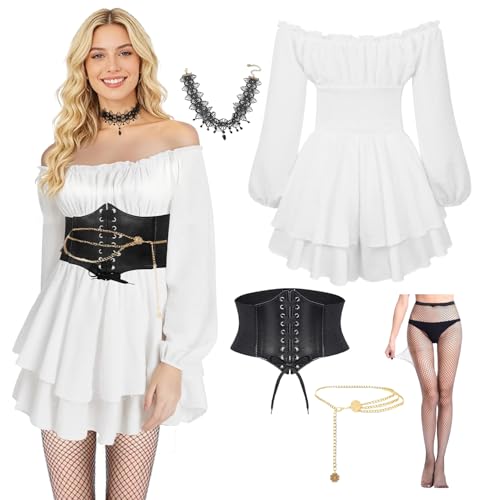 LXWINNER Fato de pirata para mulher, vestido branco pirata com espartilho, correntes de cintura, colares e meias, costume vitoriano renascentista medievais para carnaval Halloween Cosplay (S)