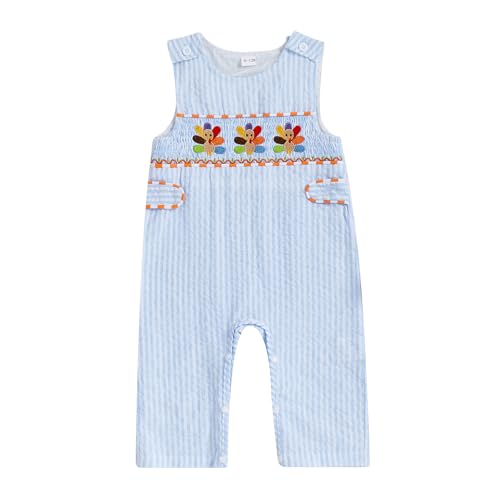 My First Thanksgiving Baby Boy Outfit Sleeveless Jumpsuit Striped Overalls Turkey Smocked Romper Newborn Clothes